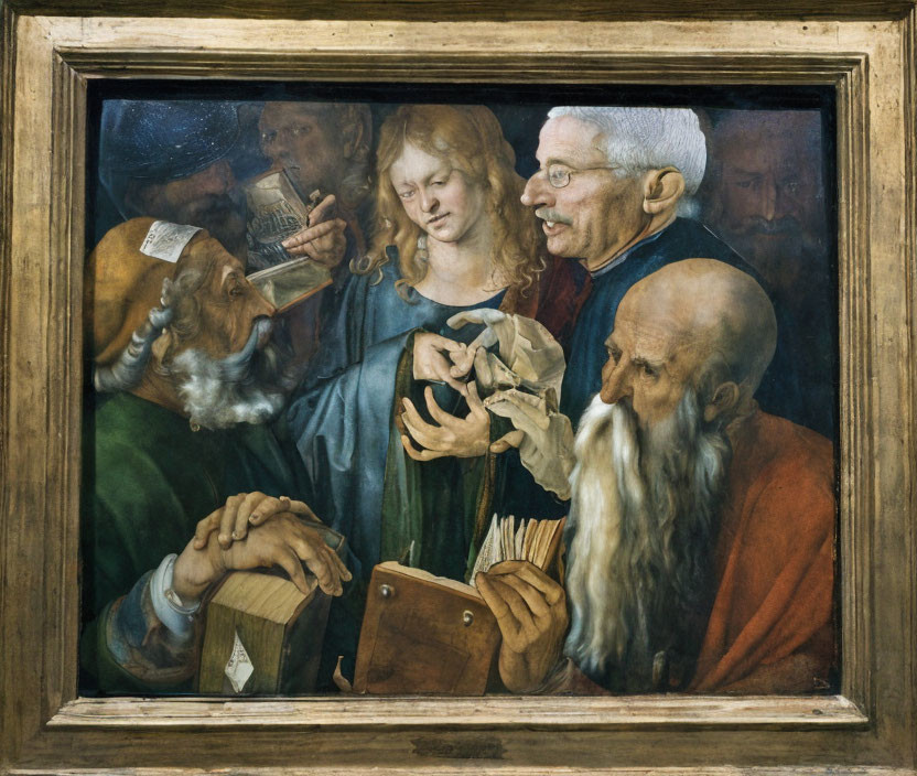 Group of men in Renaissance painting with bag of coins and varied expressions