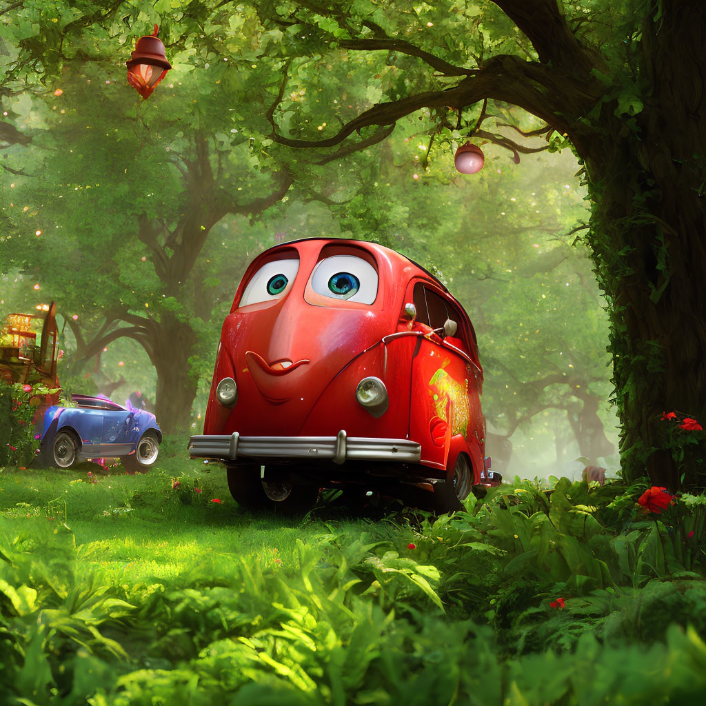 Anthropomorphic red vintage van in sunlit forest clearing