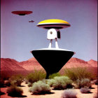 Stylized black and white UFO-like object over desert landscape