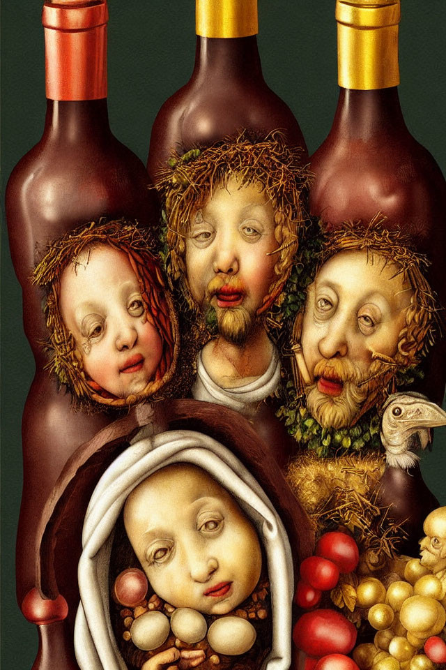 Surreal Artwork: Bottles with Human Faces and Textured Details