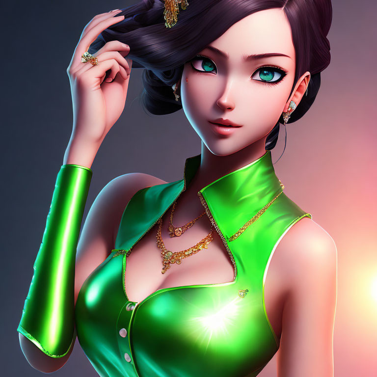 3D illustration of woman with large eyes, black hair, green dress & gold jewelry