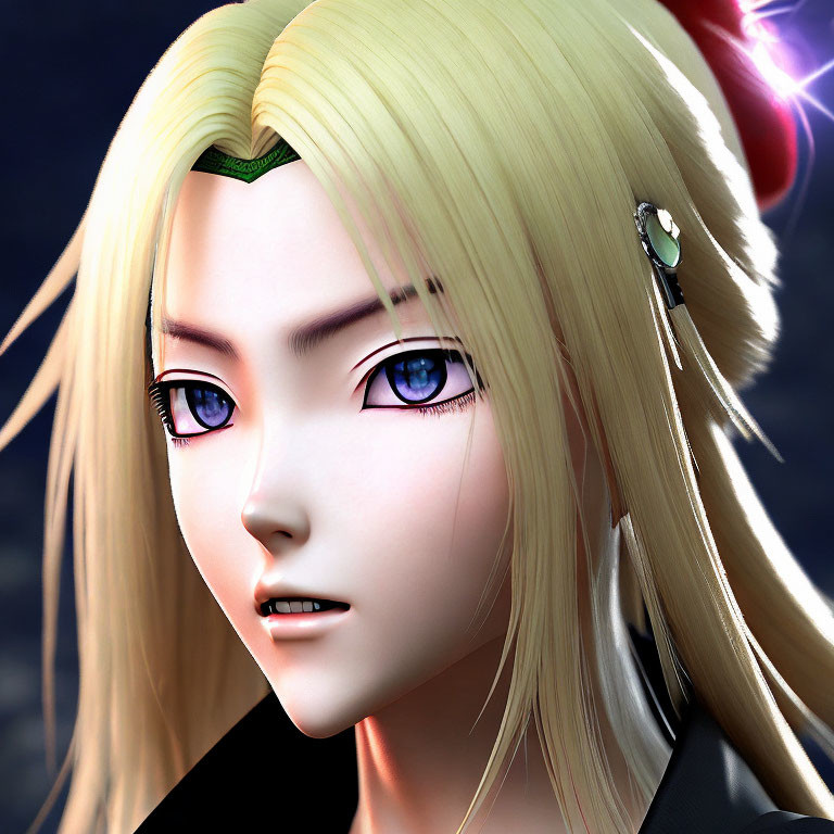 Blonde female character with green headband and blue eyes in 3D render