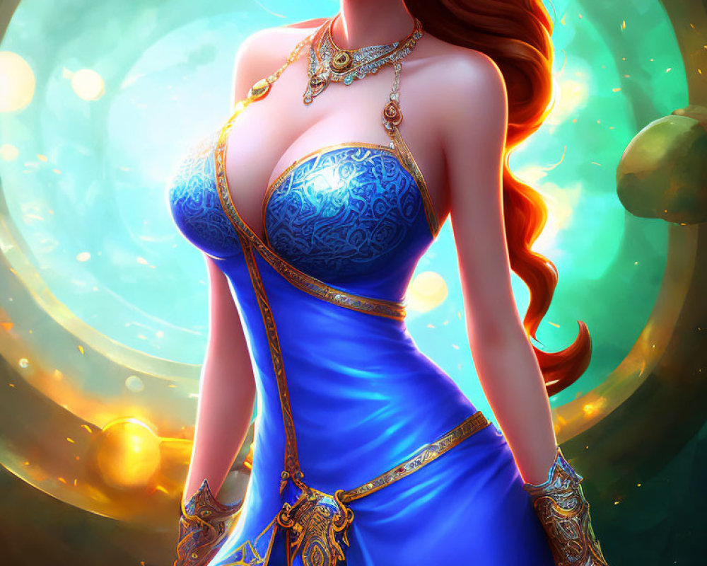 Digital artwork of female character with long red hair in blue dress with golden details and mystical green orbs.