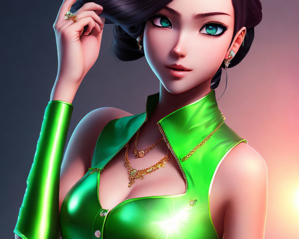 3D illustration of woman with large eyes, black hair, green dress & gold jewelry
