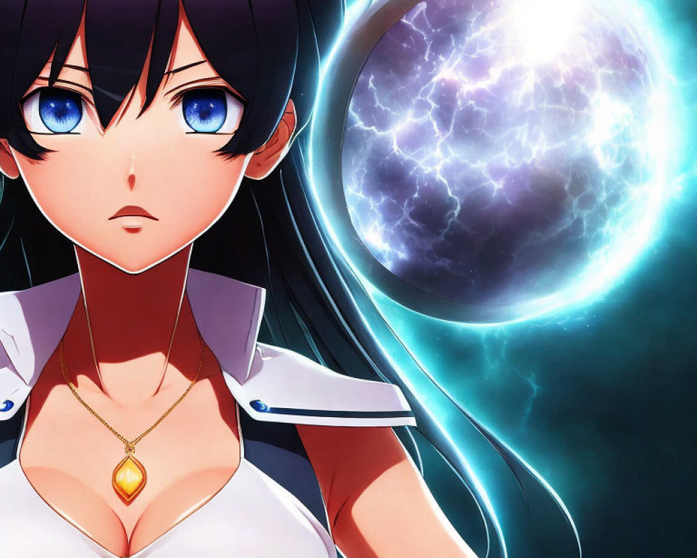 Digital illustration of black-haired anime girl in white/navy outfit against cosmic backdrop