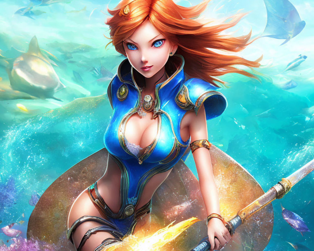 Female warrior in blue futuristic armor with glowing spear among fish in underwater scene