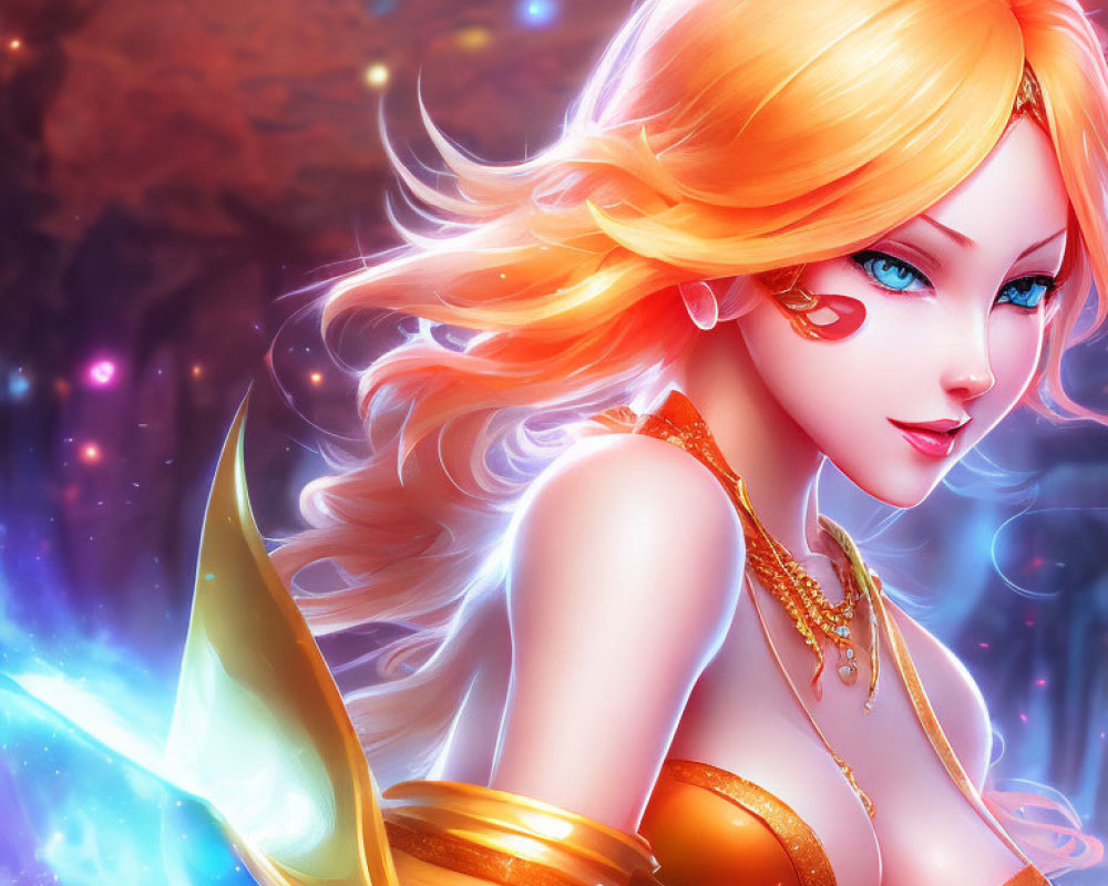 Digital artwork featuring character with golden hair, blue eyes, and gold jewelry in cosmic setting