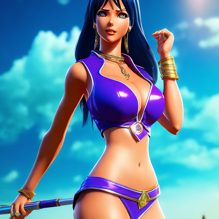 Stylized 3D Rendering of Woman with Blue Hair in Purple Outfit