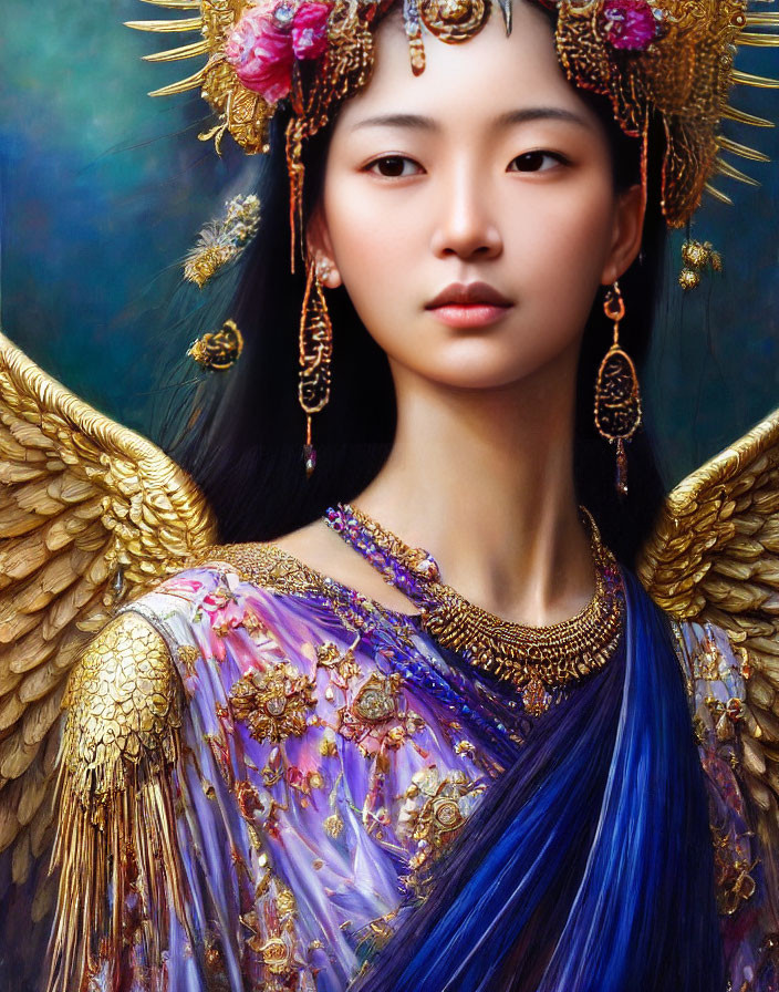 Woman with Blue Hair and Golden Wings in Traditional Attire