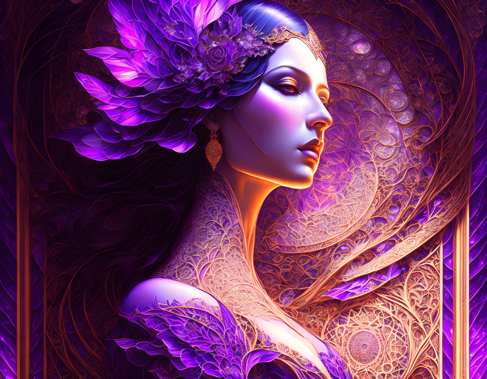 Vibrant female figure with purple headdress and mandala patterns