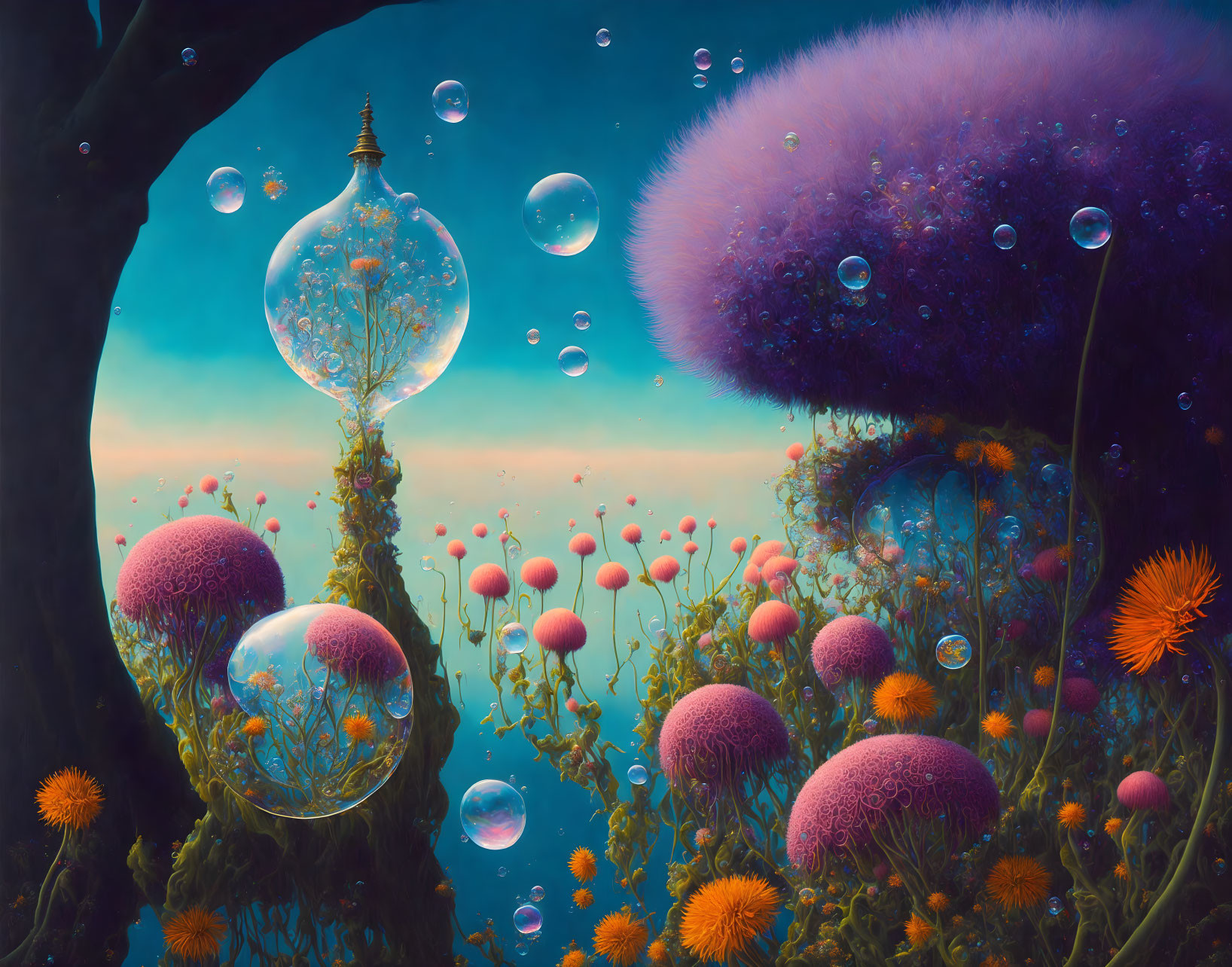 Surreal landscape with bubble-like structures and colorful flora