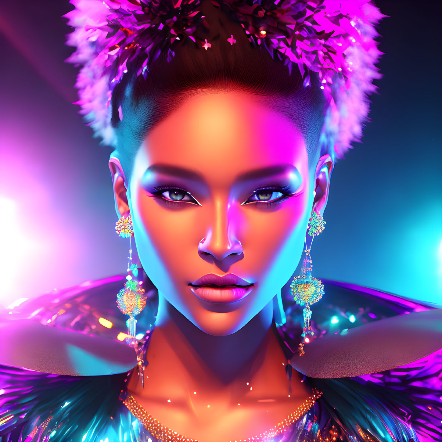 Digital portrait of woman with glowing makeup and shimmering garment in neon-lit setting