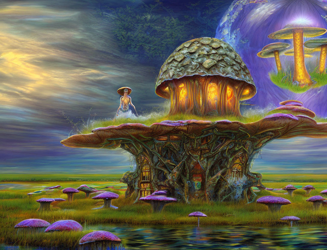 Fantasy landscape with person on mushroom house in vibrant setting