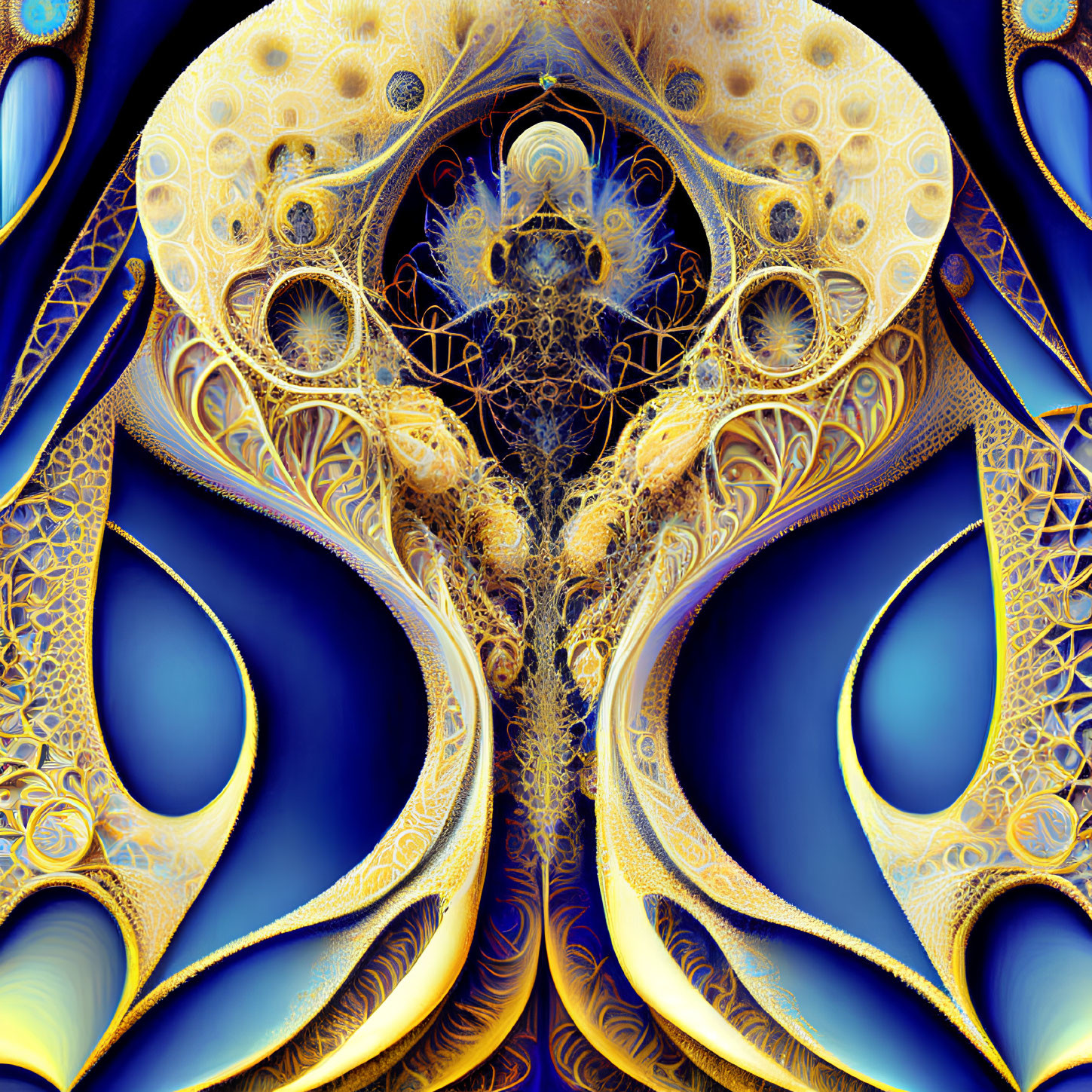 Symmetrical Gold and White Fractal on Deep Blue Background