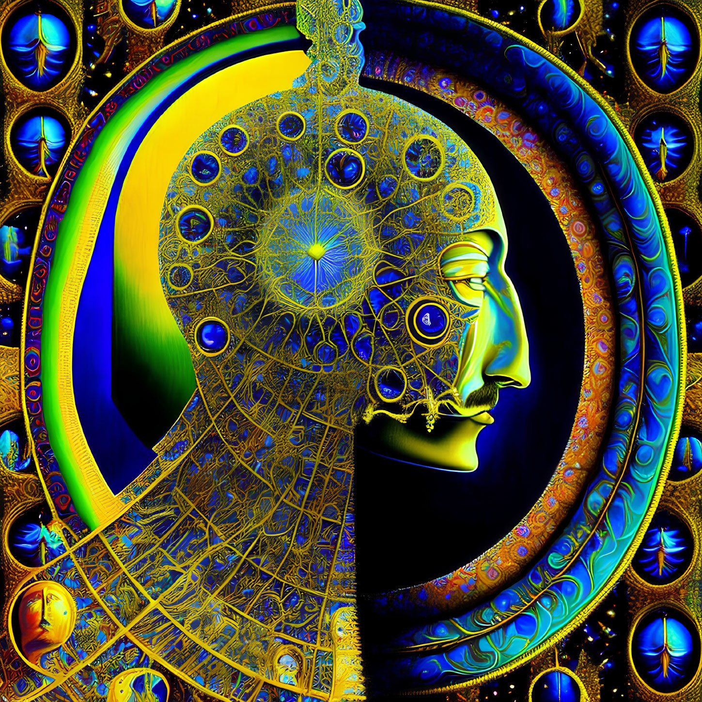 Detailed Colorful Fractal Image Featuring Human Face Profile and Cosmic Motifs