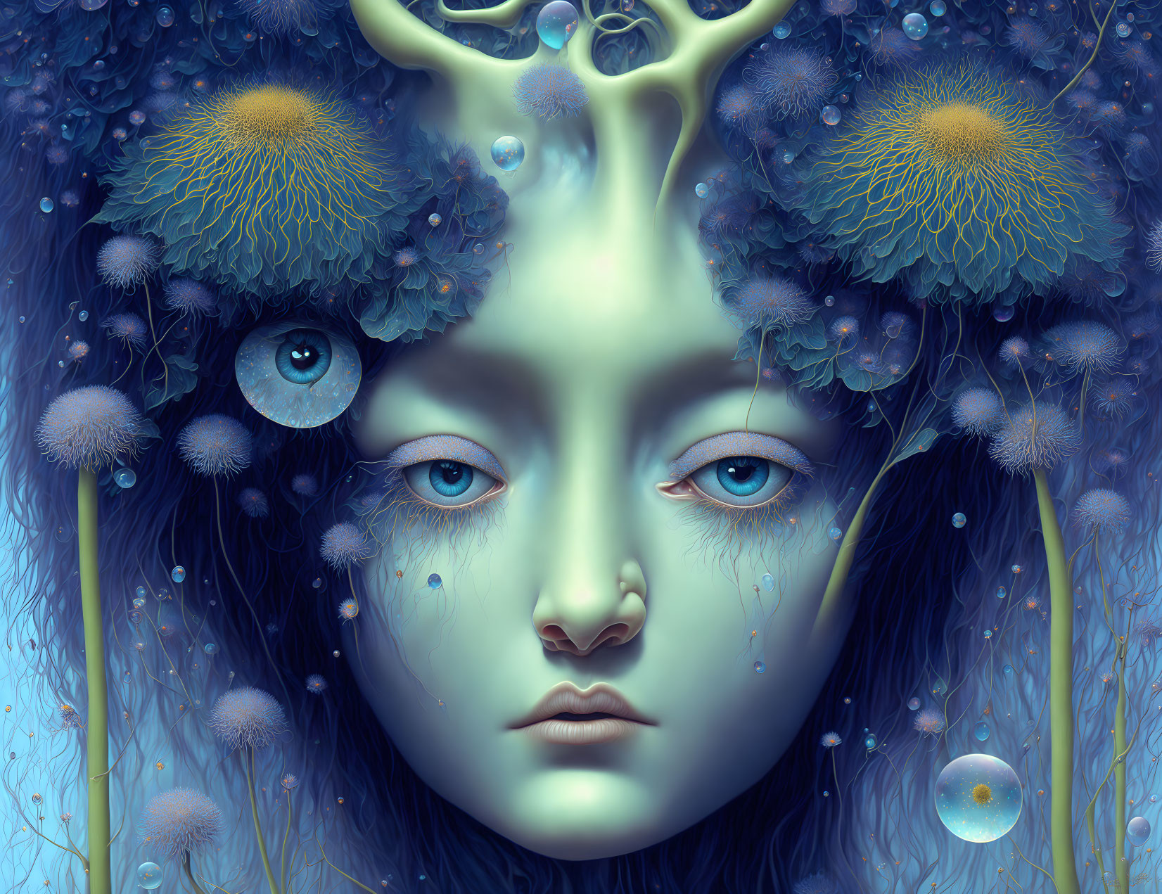 Surreal portrait featuring blue-eyed face amidst fantastical flora and ethereal blue orbs