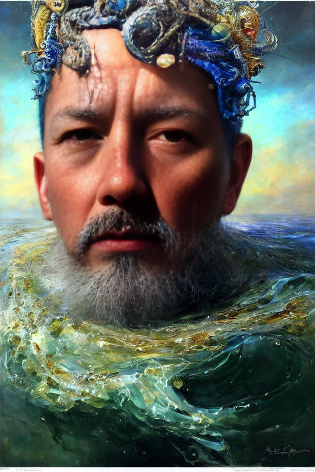 Fantasy portrait of man with sea elements and octopus, ocean-themed beard, surreal background