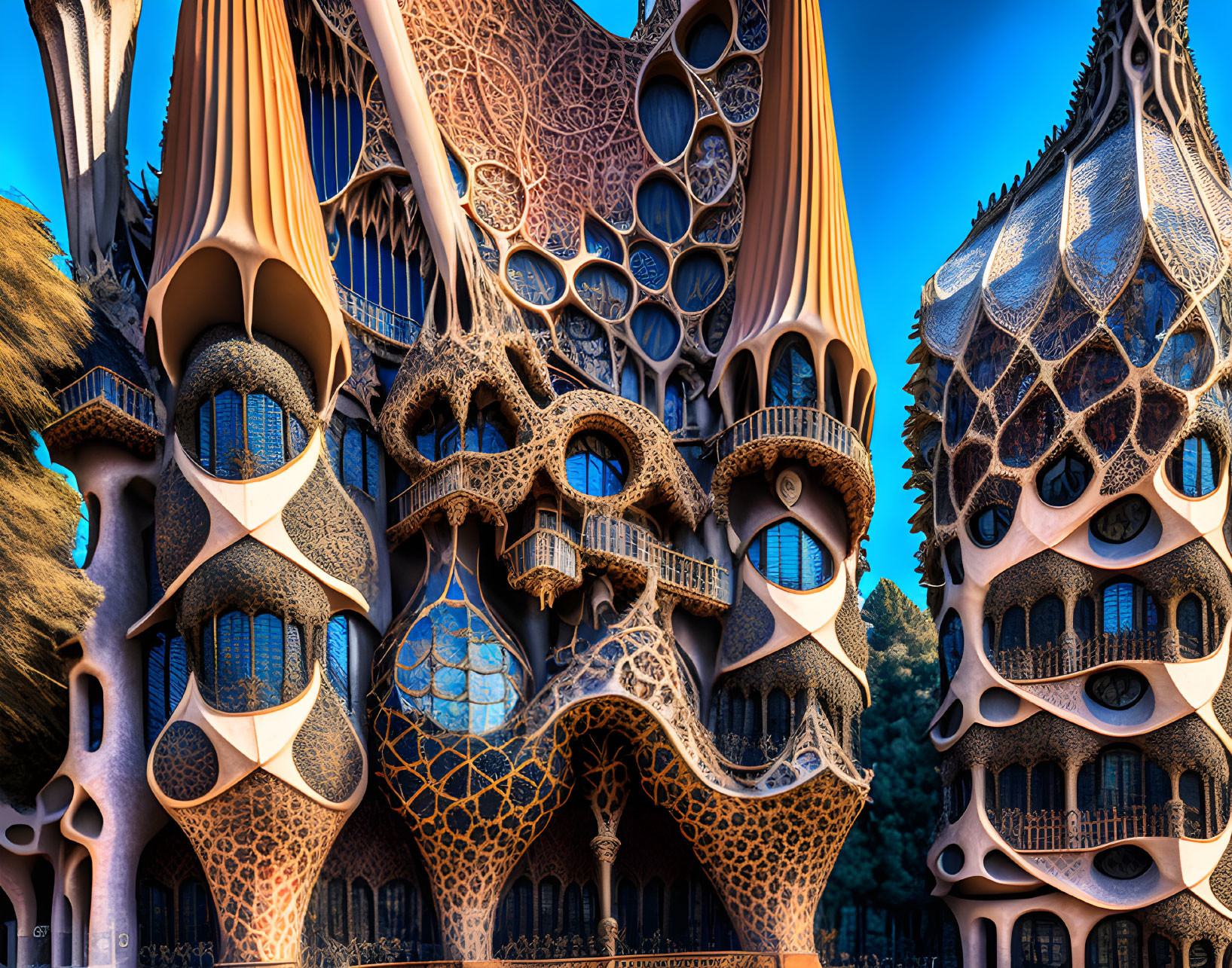 Organic fantasy architecture with bone-like structures and honeycomb patterns under blue sky