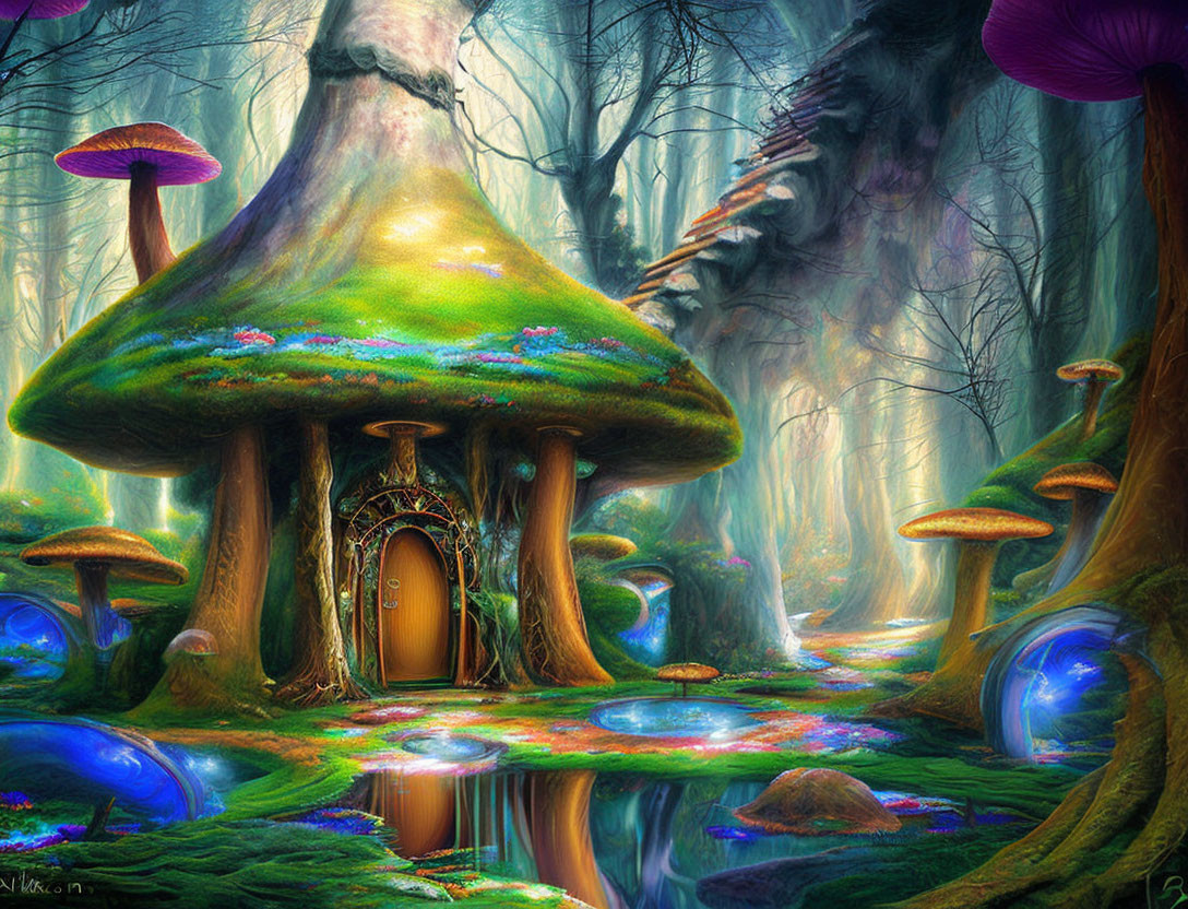 Enchanting forest scene with oversized mushrooms and glowing orbs