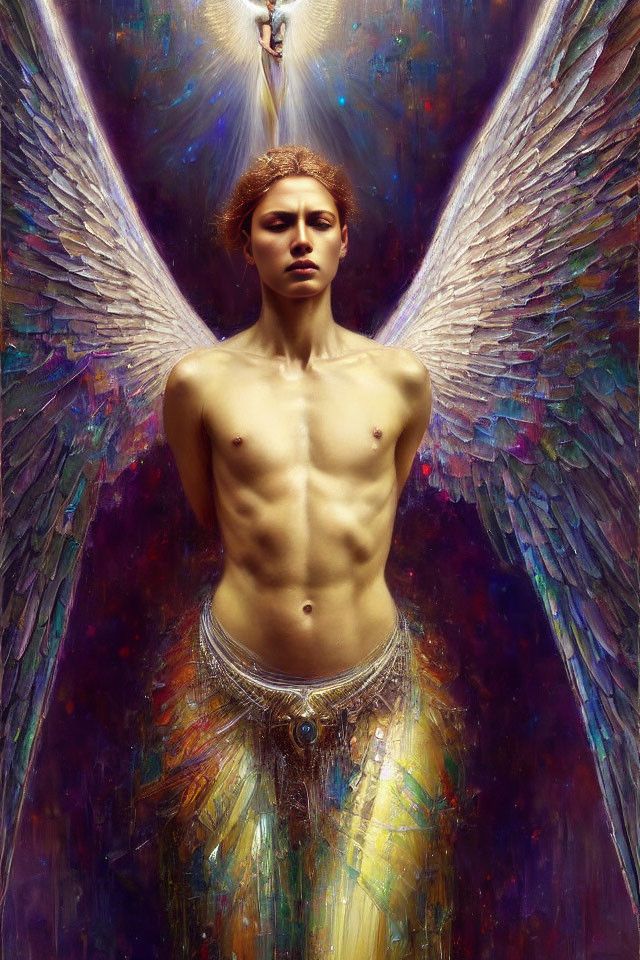 Muscular figure with iridescent wings in warm backdrop
