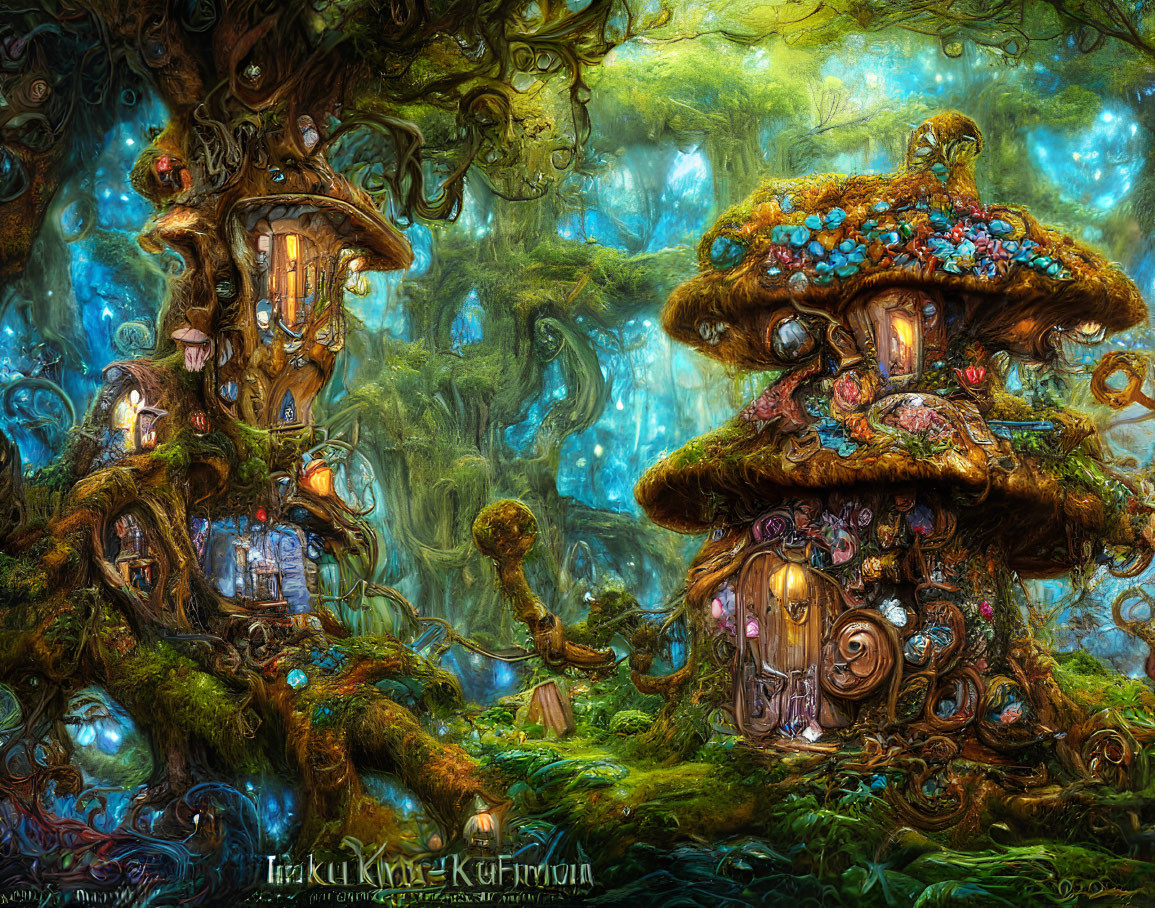 Enchanting forest scene with whimsical mushroom houses