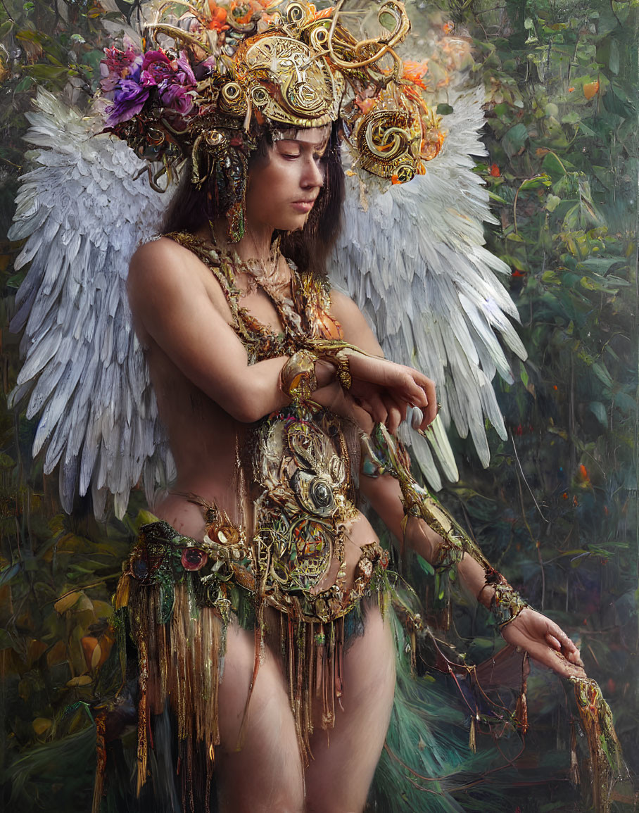 Person in ornate golden headgear and wings amid floral background
