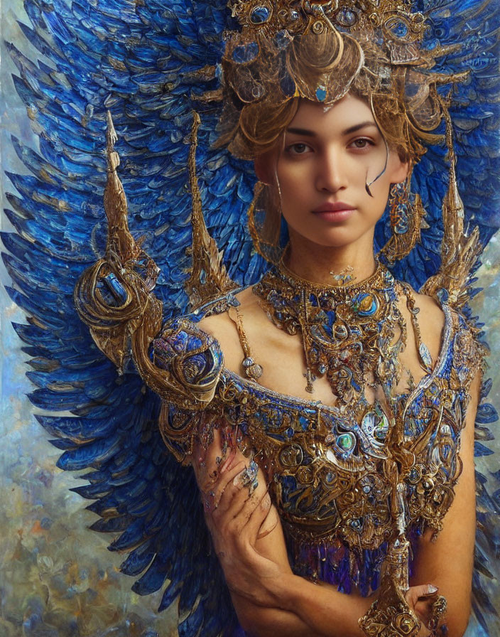 Person adorned with golden headdress and jewelry, blue feathered wings.