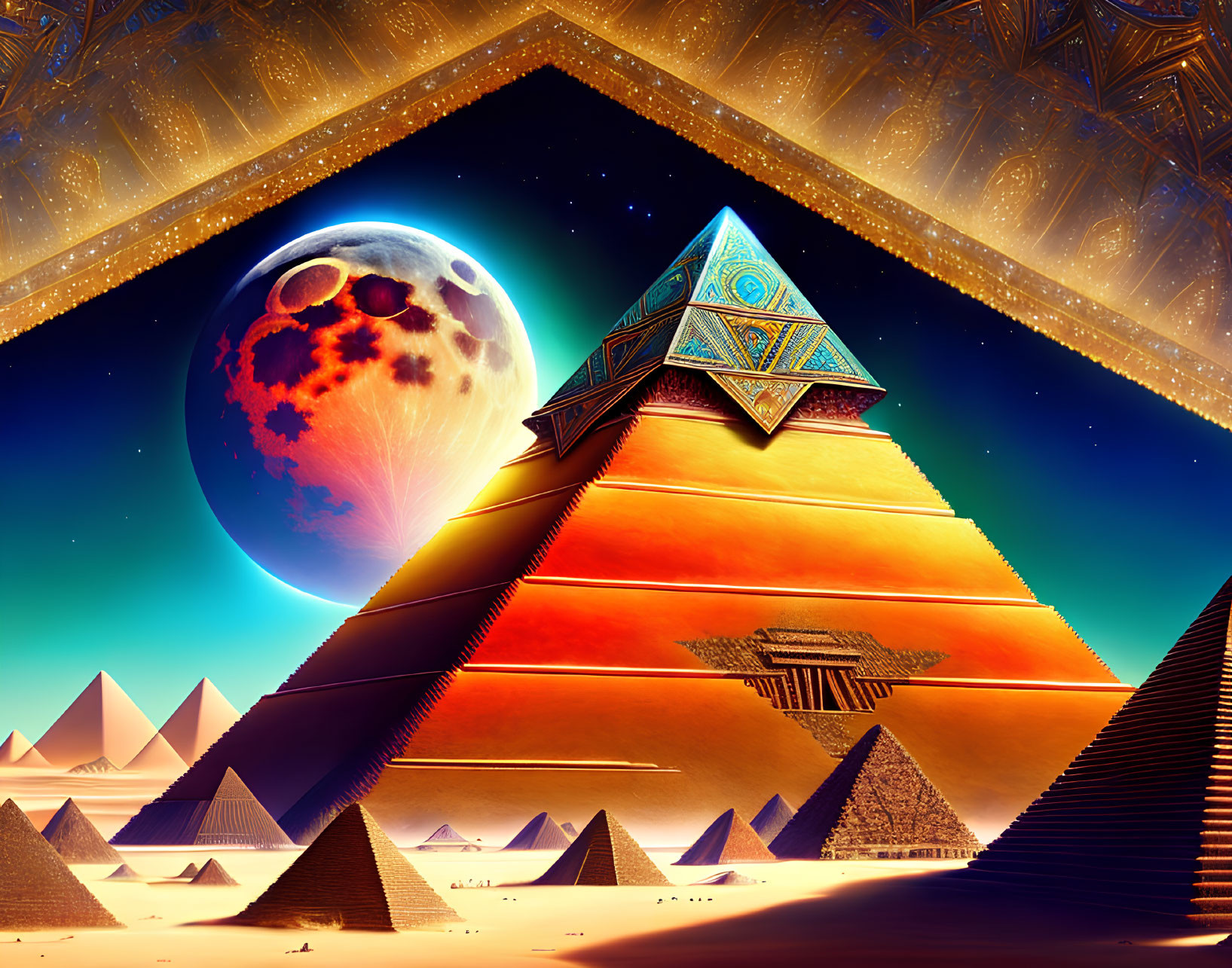 Surreal landscape with pyramids under night sky and moon symbols