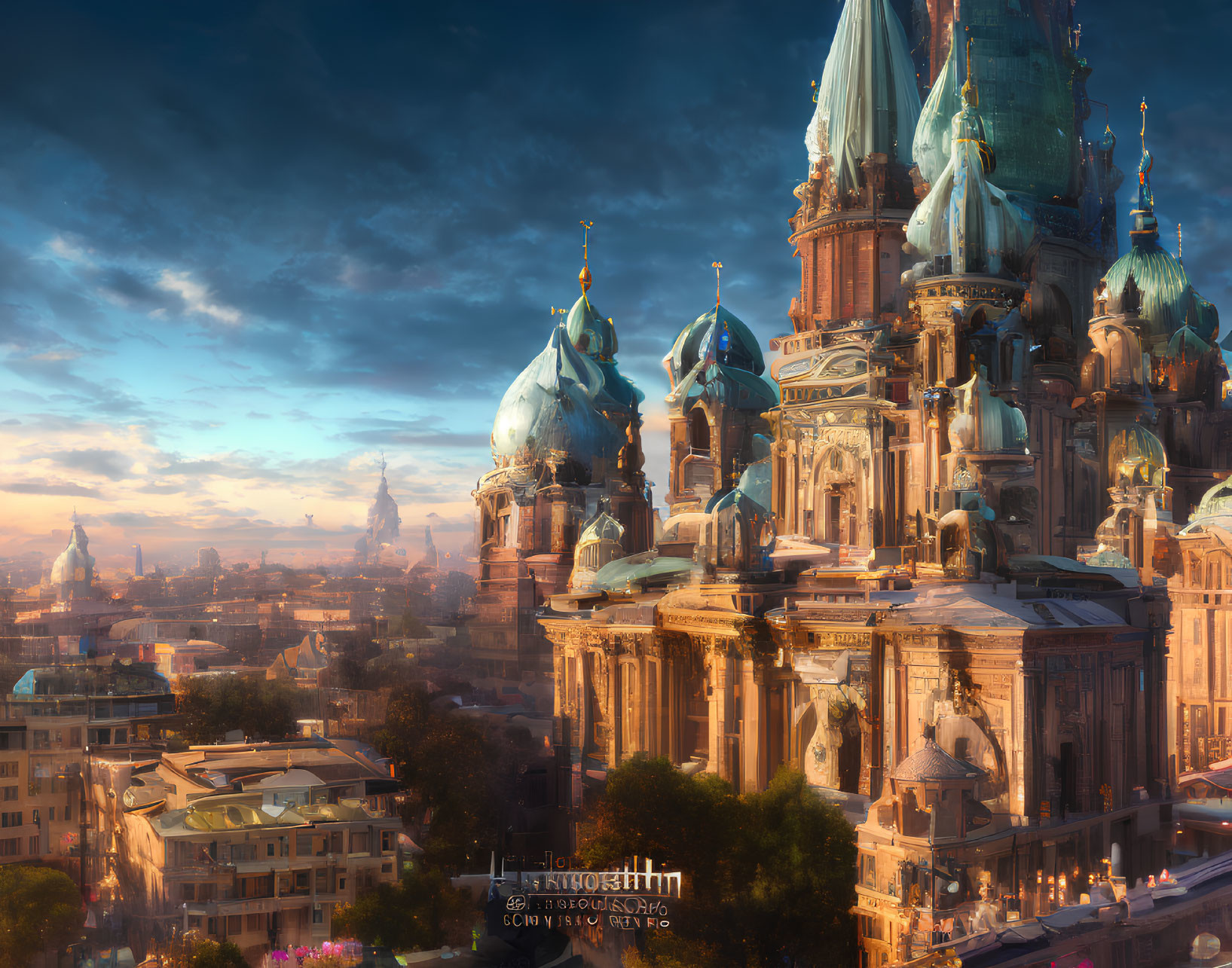 Fantastical sunset cityscape with ornate domed buildings