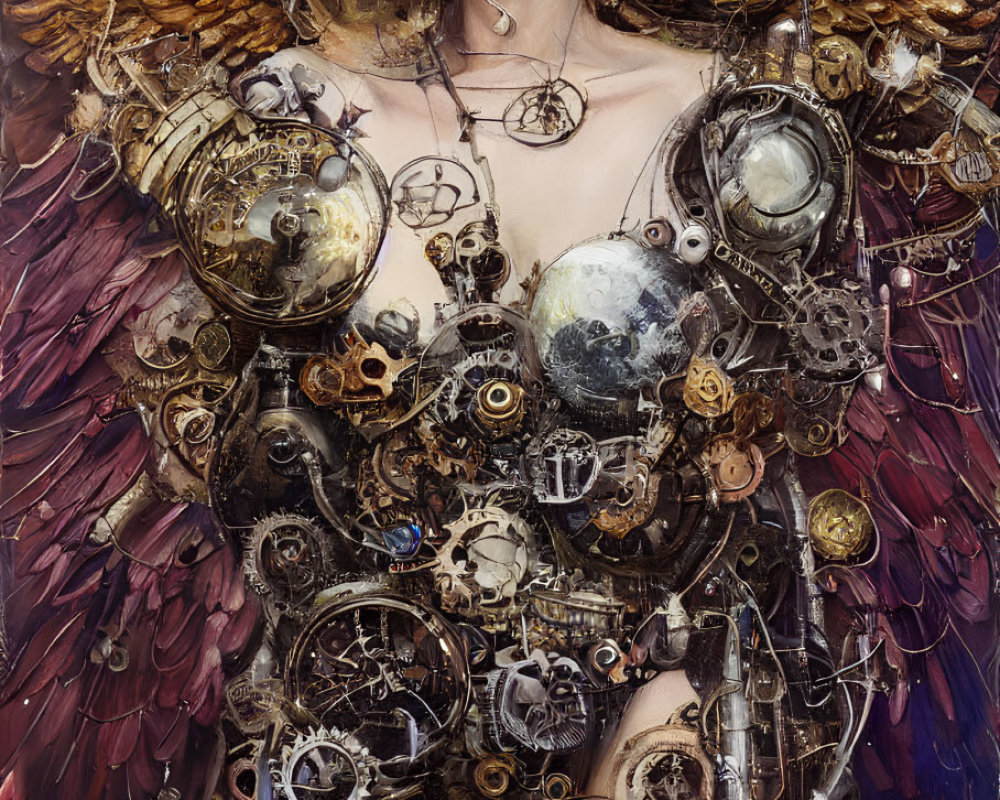 Steampunk-themed woman with mechanical wings and gears.