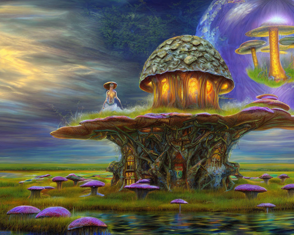 Fantasy landscape with person on mushroom house in vibrant setting