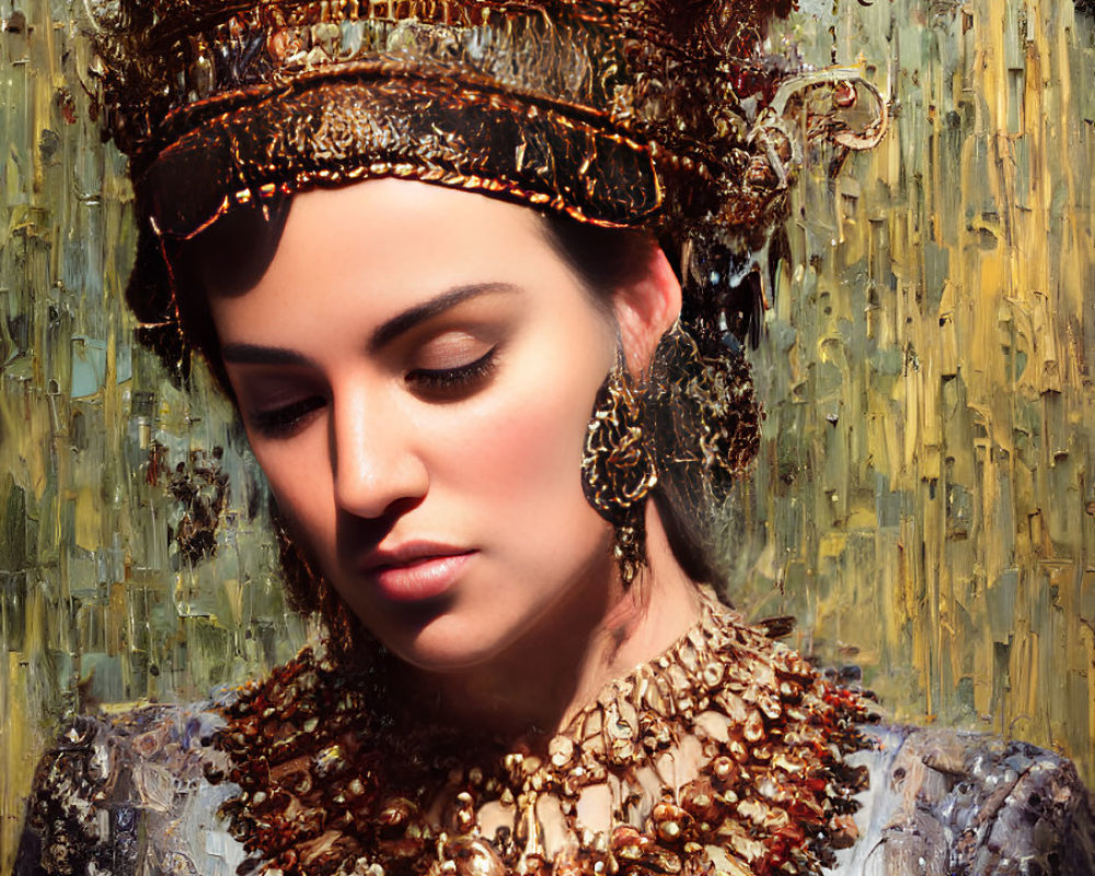 Woman in Golden Crown and Jewelry on Textured Background