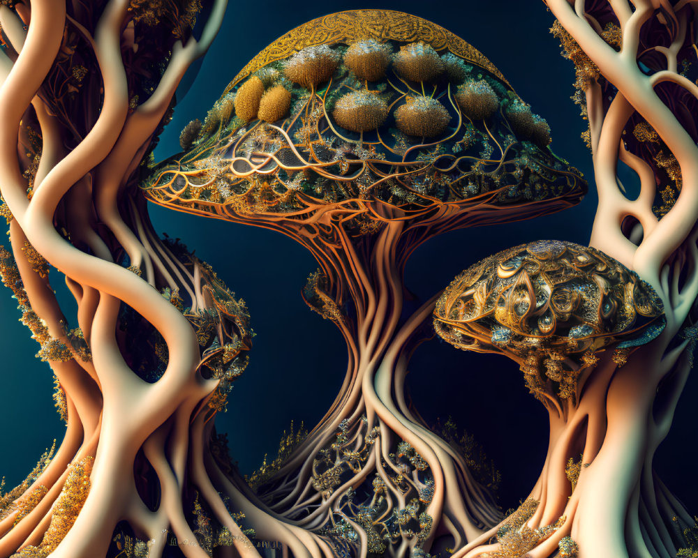 Intricate surreal fractal trees with mushroom canopies