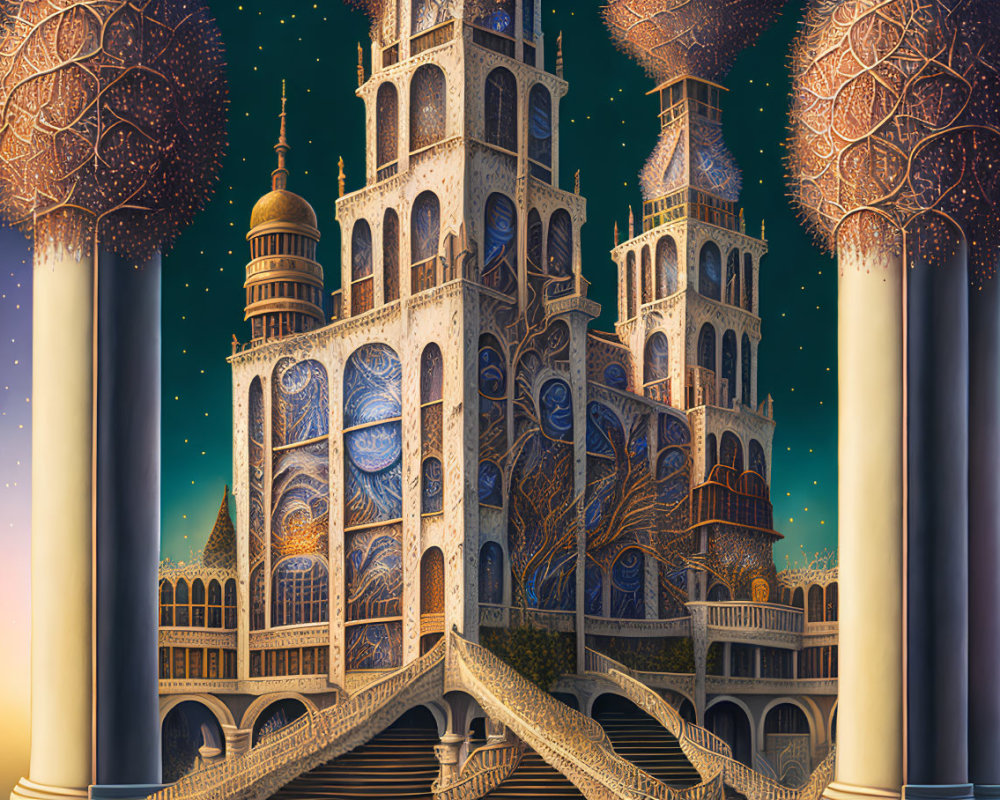 Fantastical palace with ornate towers against starry night sky