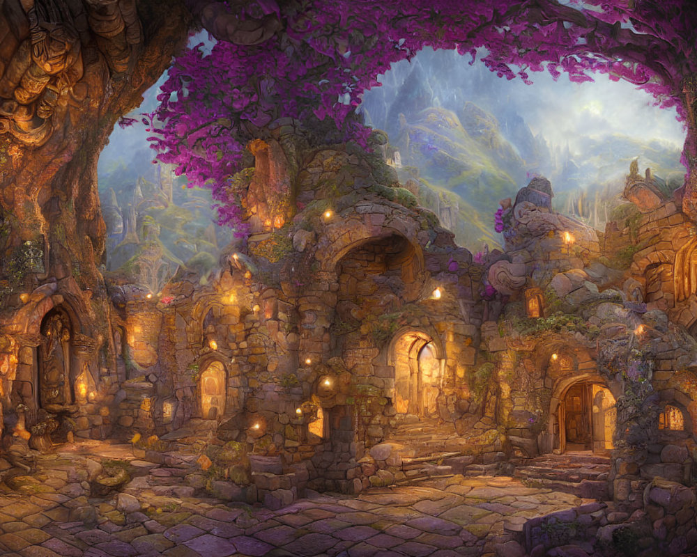 Stone-built village with purple foliage, glowing lanterns, and mystic ruins in fantasy scene