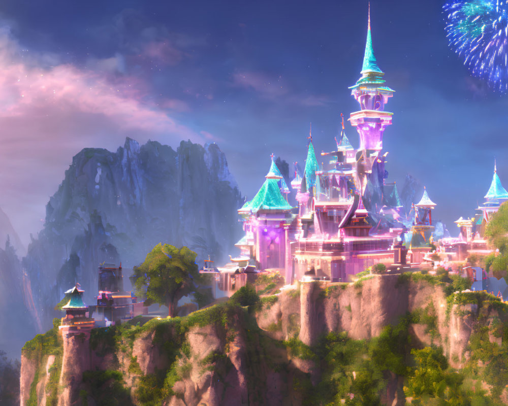 Sparkling castle on cliff with pink sky, mountains, and fireworks