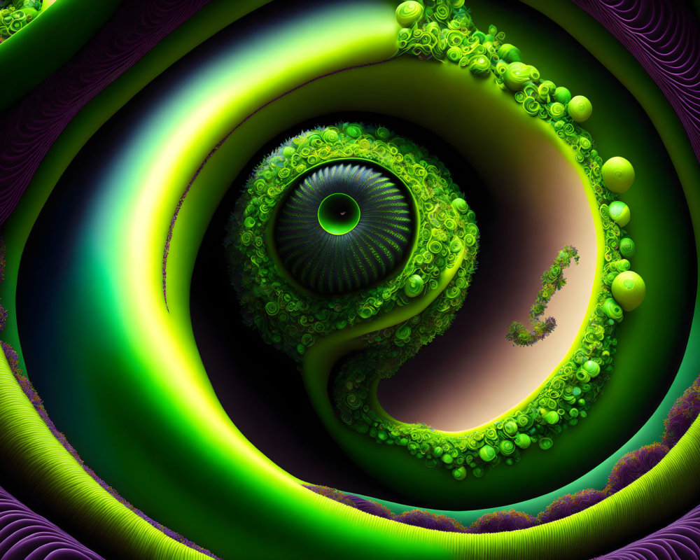 Colorful fractal art: Green and purple swirl with bubbly textures forming abstract eye spiral