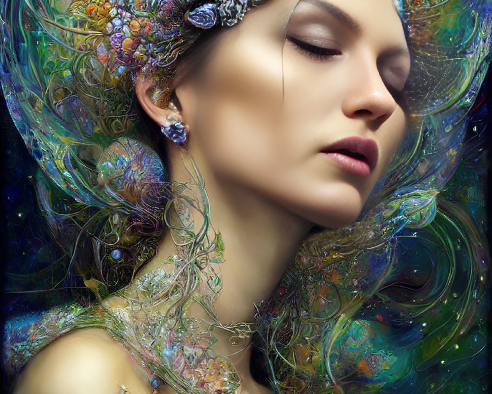Colorful Cosmic Flower Embellishments Surround Woman's Head