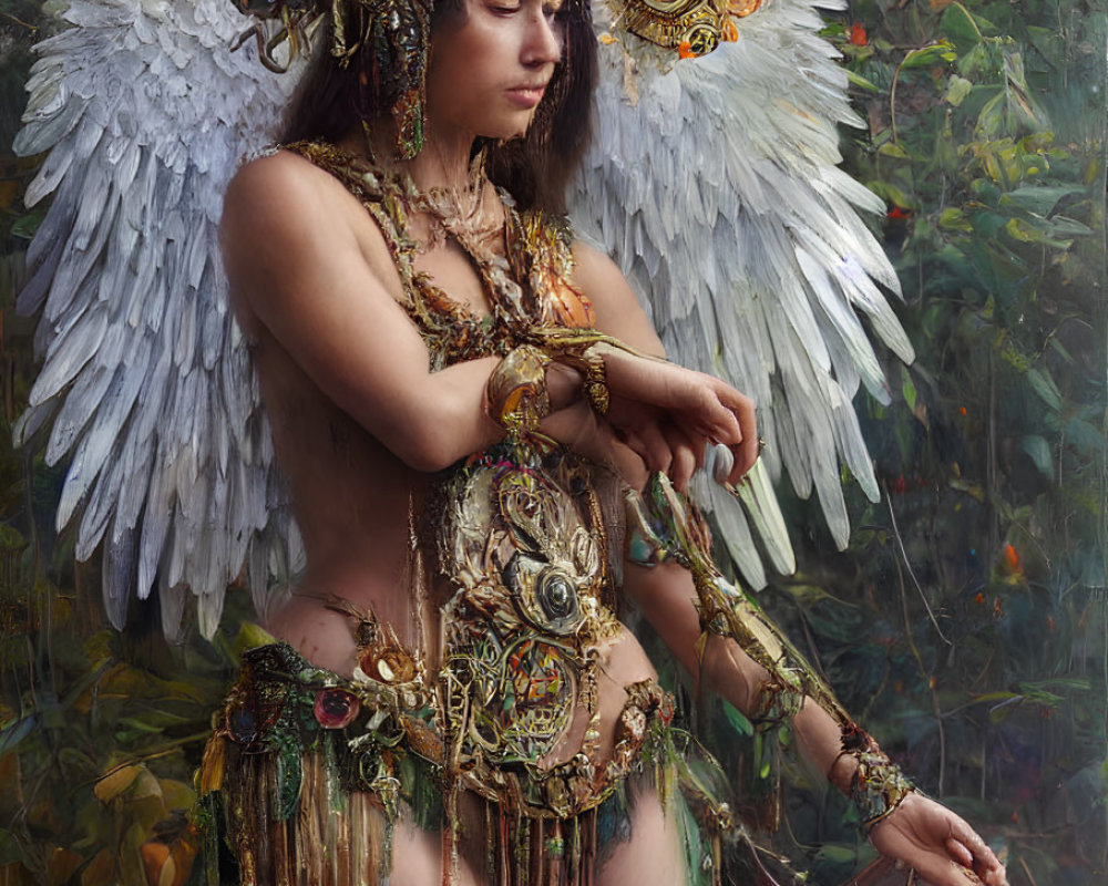 Person in ornate golden headgear and wings amid floral background