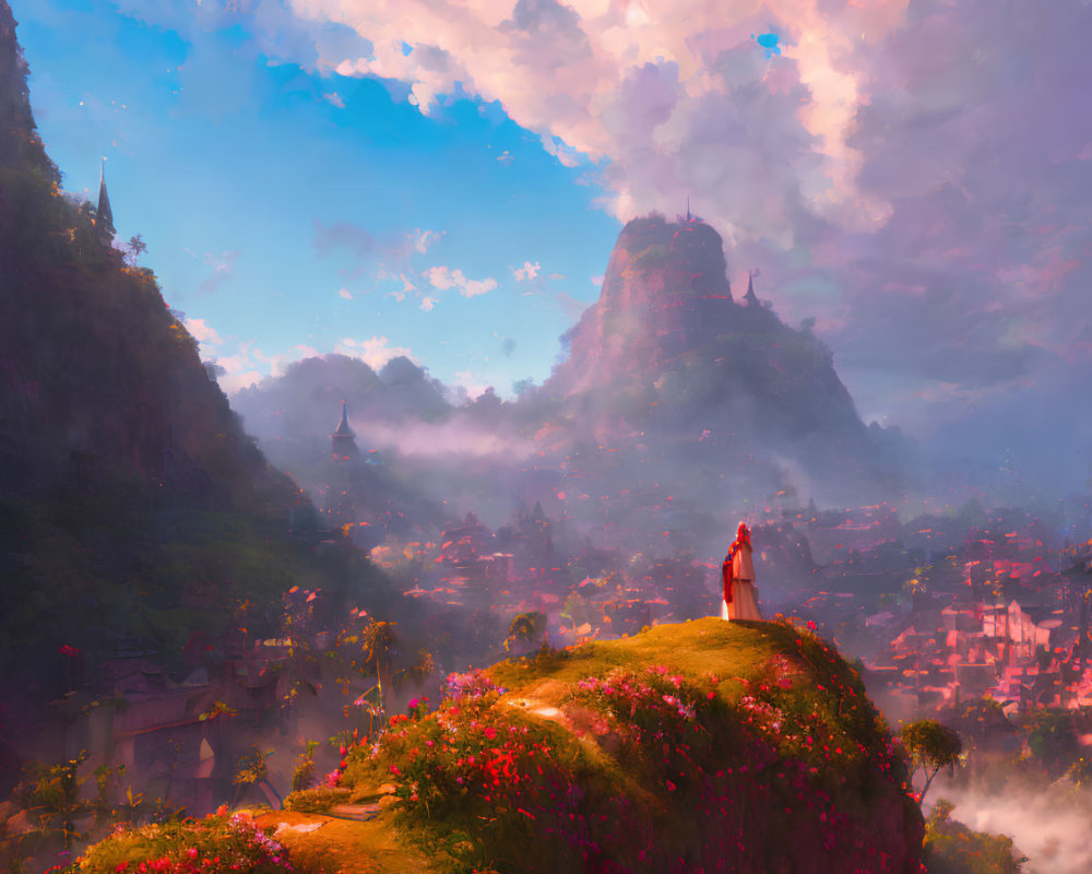 Person in red cloak overlooking misty, fantastical city at sunset