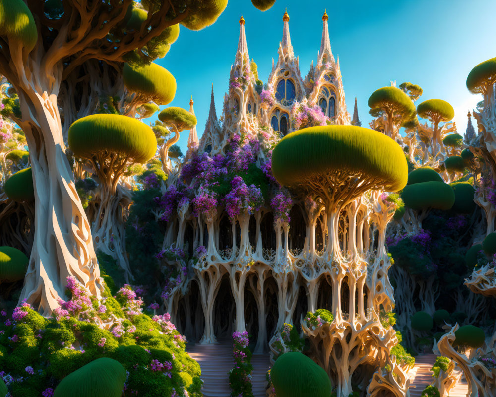 Vibrant surreal landscape with fantastical trees and organic cathedral in lush foliage