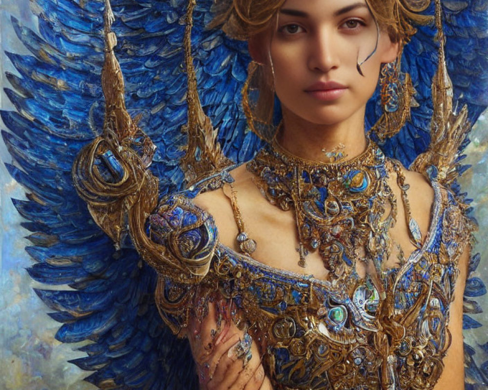 Person adorned with golden headdress and jewelry, blue feathered wings.