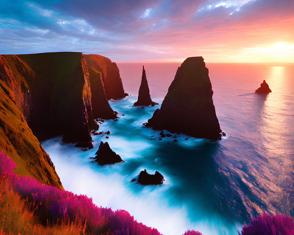 Dramatic sunset seascape with cliffs, rock pinnacle, and wildflowers