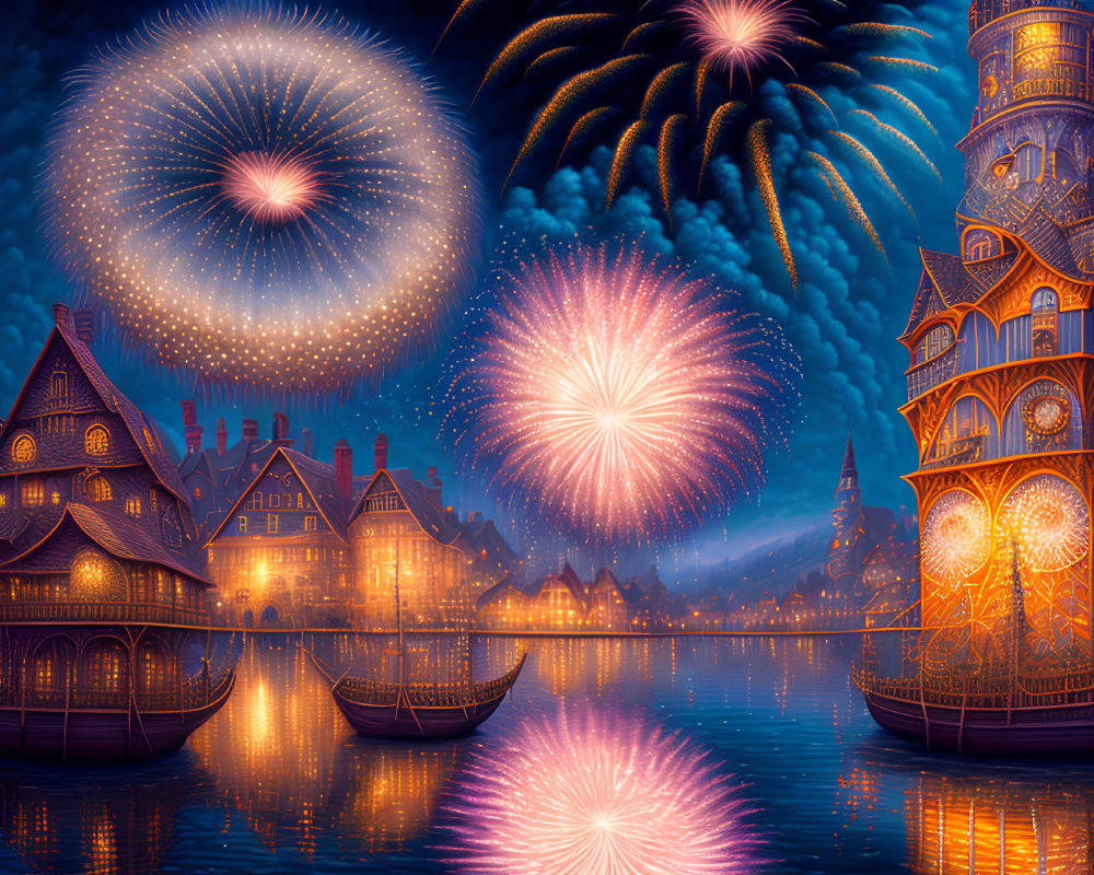 Fantastical village scene with ornate houses and fireworks.