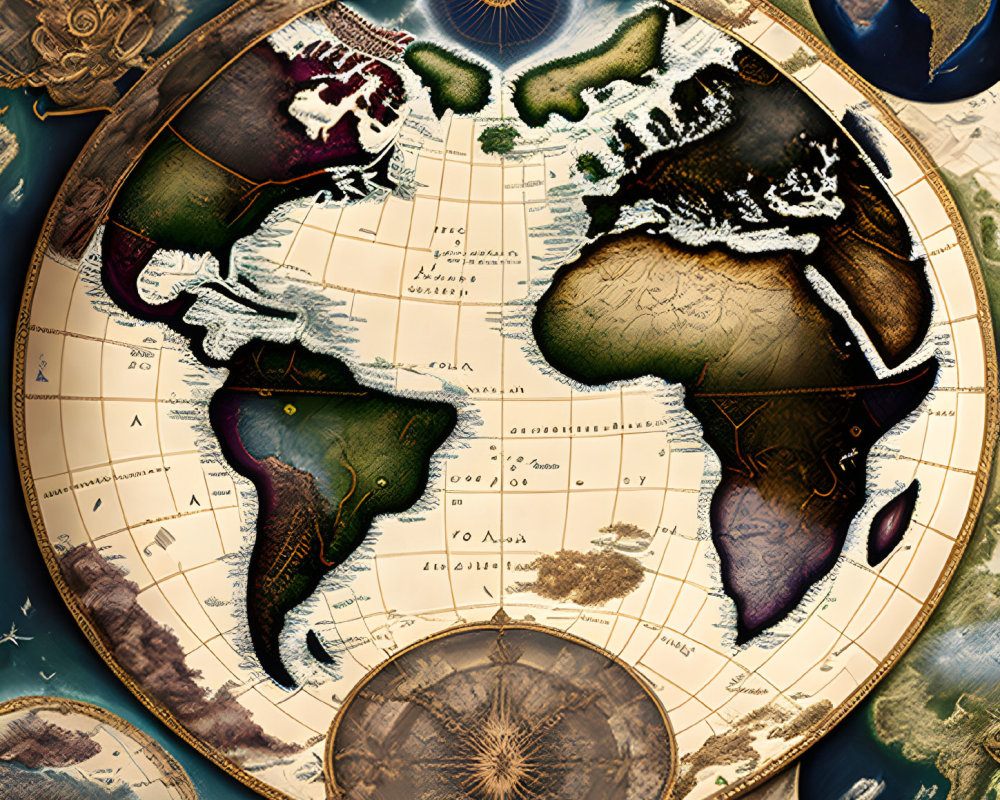 Antique-style illustrated map showcasing continents and geographic features