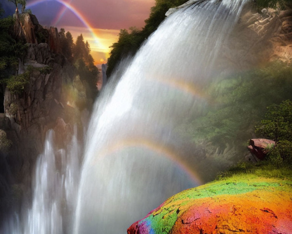 Scenic double rainbow over colorful waterfall landscape