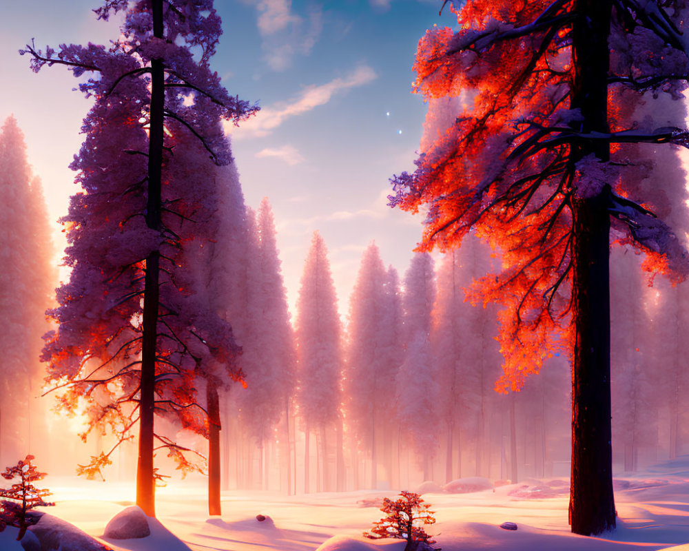Snowy Sunrise Landscape with Vibrant Pink Treetops