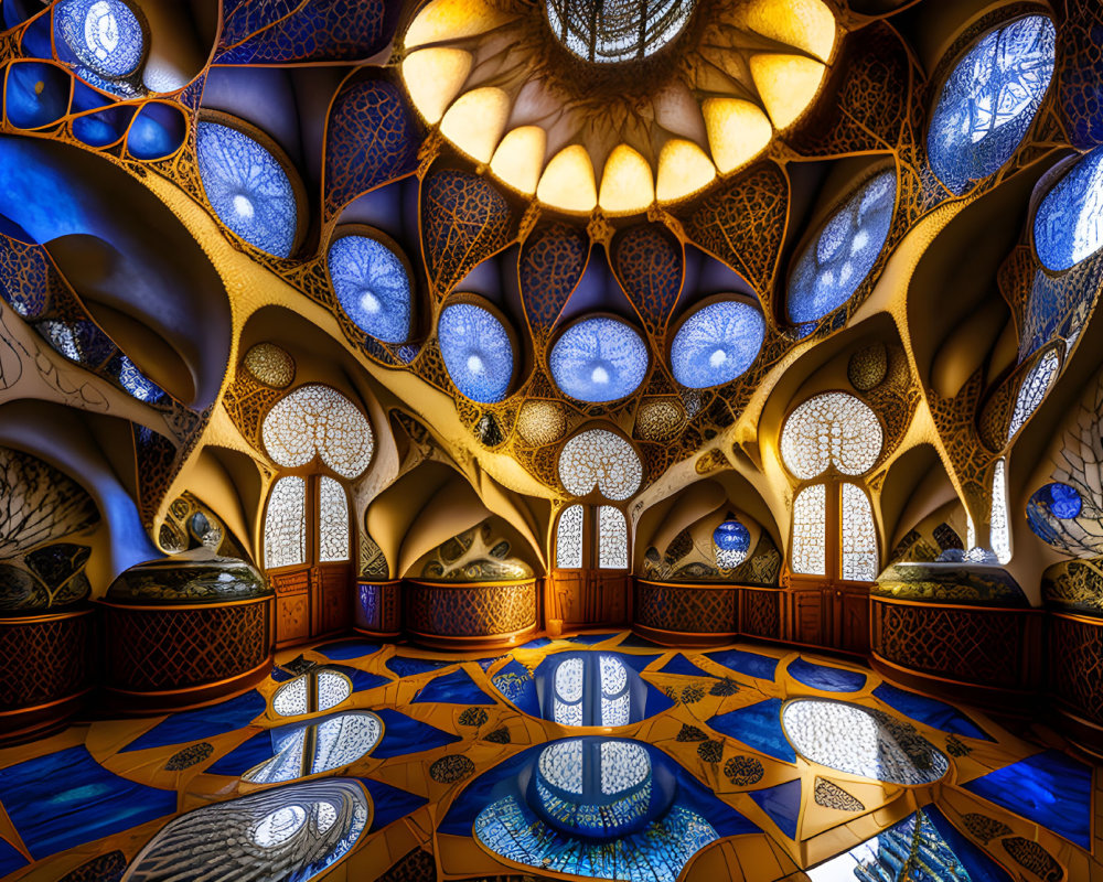 Vibrant Islamic-inspired geometric patterns in modern room.
