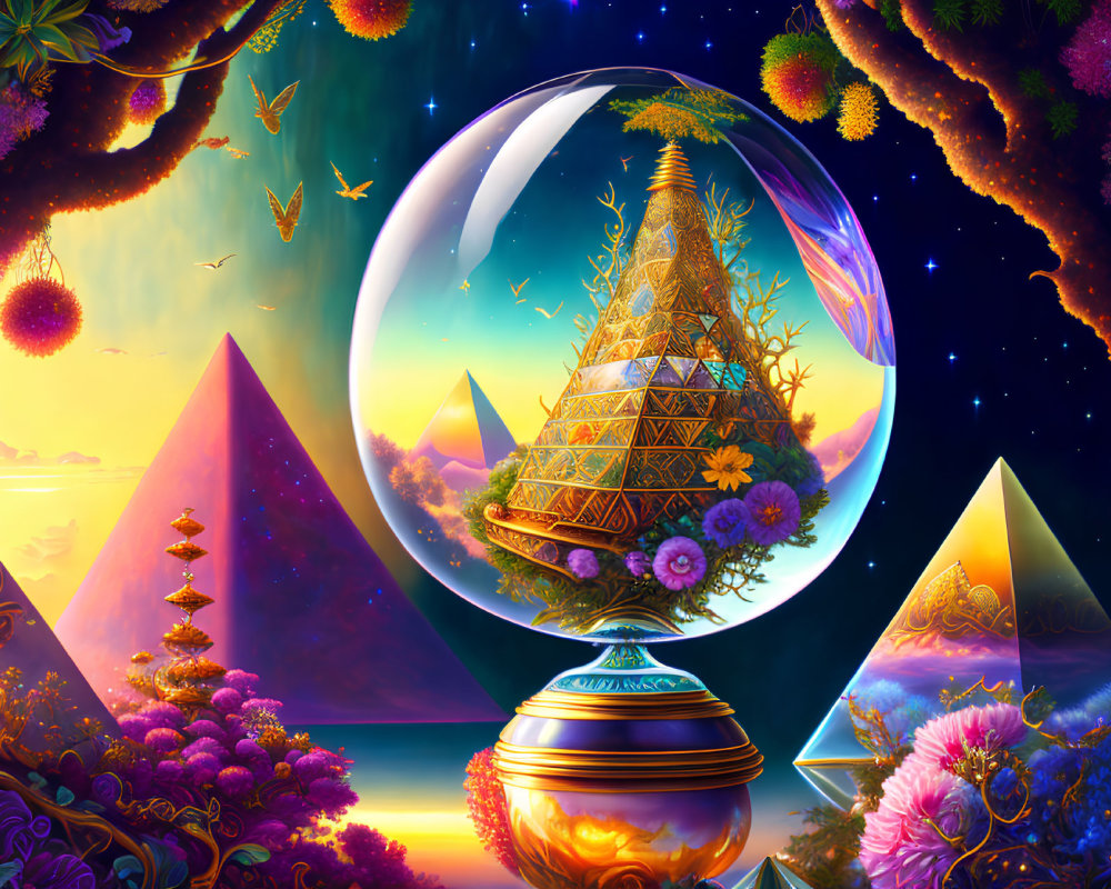 Fantasy landscape with glowing crystal orb and floating pyramid