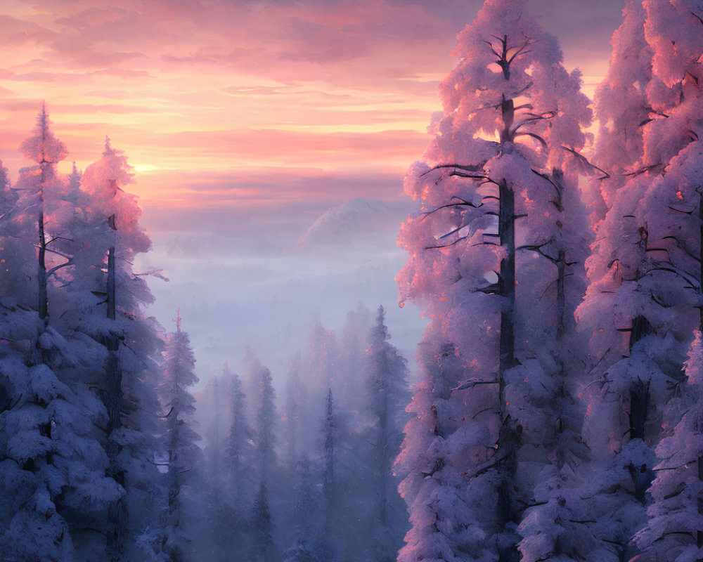 Snow-covered trees in tranquil winter sunrise with pastel-colored sky